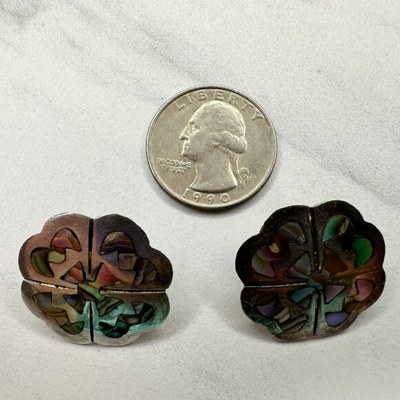 Vintage Alpaca Mexico Sterling Silver 925 MR Abalone Flower Earrings ✨ - Picture 14 of 14